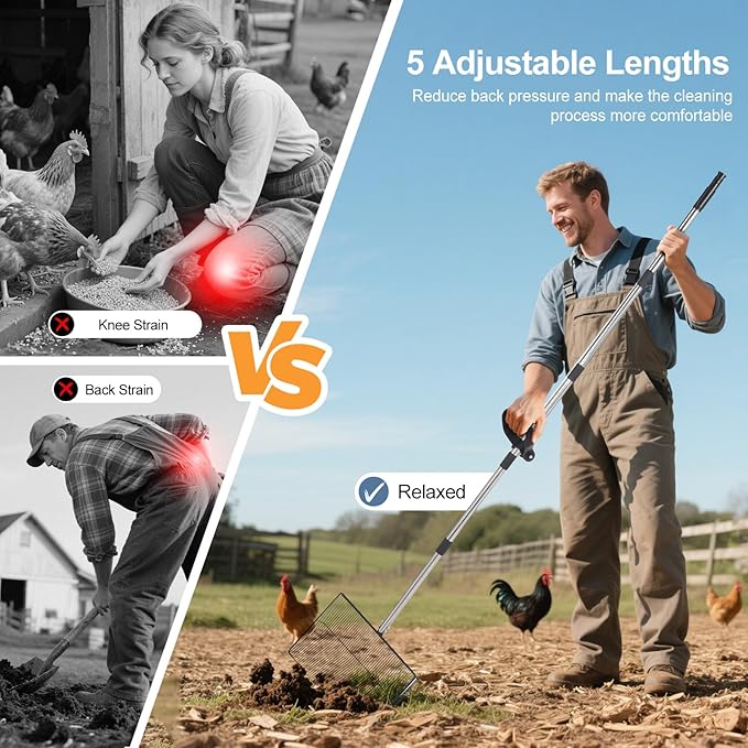 15inch Large Chicken Poop Scooper with Ergonomic Grip, 5 in 1 Adjustable Chicken Coop Pooper Shovel (24 to 76.5"), Stainless Steel Litter Sifting Shovel Scoop for Chicken Coop/Goat Stall/Stable-PawvioPets