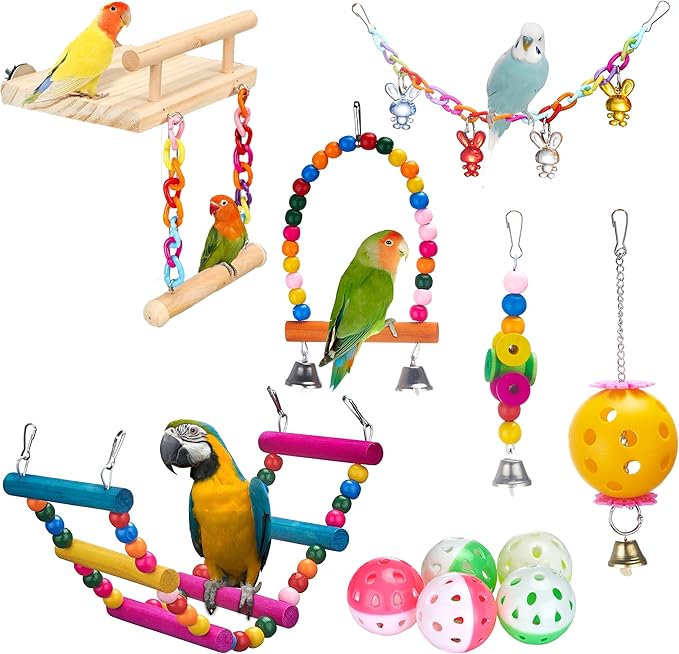 11Pcs Bird Parakeet Toys Wooden Bird Platform Stands Swing Hanging Chewing Toy Parrot Climbing Ladder Colorful Bird Cage Toys for Parakeet, Conure, Cockatiel, Love Birds, Finches-PawvioPets
