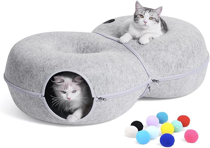 8-Shaped Large Cat Tunnel Bed for Indoor Cats, Infinite Circulation Peekaboo Cat Cave with 12 Toy Balls, Cat Donut Tunnel for Cats up to 30 Pounds (Light Grey, L 38x24x11in)-PawvioPets