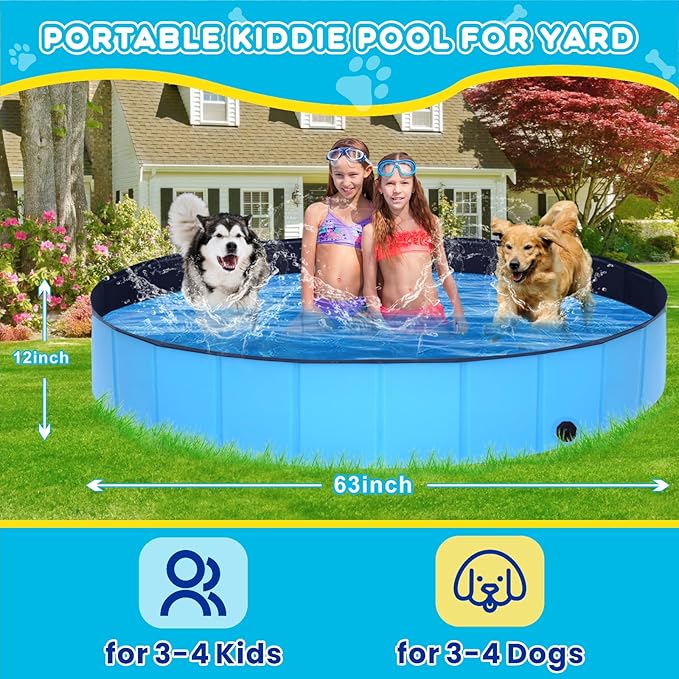 Foldable Dog Pool - 63" x 12" Anti-Slip Portable Dog Swimming Pool, Hard Plastic Collapsible Kiddie Pool for Outdoor and Indoor for Pets Dogs Cats and Kids-PawvioPets