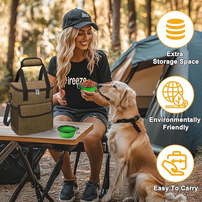 Dog Travel Bag for Camping - Pet Travel Accessories with 2 Collapsible Bowls, 2 Food Containers & Waterproof Feeding Mat - Portable Dog Carrier, Coffee (Small)-PawvioPets