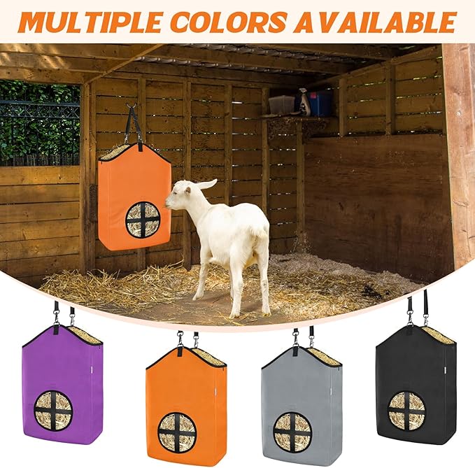 3 PCS Goat Hay Feeder,Hay Bags for Horses,Goats,Donkeys with Reinforced Oxford Fabric and High Strength Metal Clasp,Horse Feeding Supplies with Adjustable Strap for Easy Hanging (2Orange+1Black)-PawvioPets