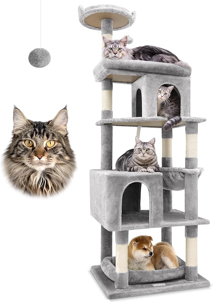 Globlazer Heavy Duty Cat Trees for Large Cats, Sturdy 72in Maine Coon Cat Tree for Large Cats 20 lbs+ Heavy Duty Cat Tower for Adult Biggest Cat with 6 Scratching Posts, Hammock, S72, Light Grey-PawvioPets