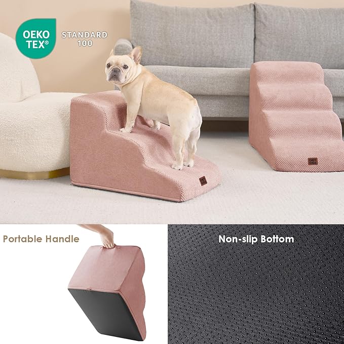 EHEYCIGA Curved Dog Stairs Ramp for Small Dogs 15.7" H, 3-Step Dog Steps for Couch Sofa and Chair, Pet Stairs for Cats, Non-Slip Balanced Pet Steps Indoor, Dusty Pink-PawvioPets