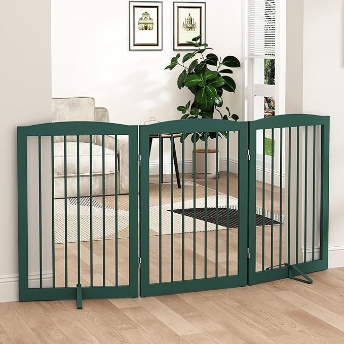 Freestanding Pet Gate for Dogs, Foldable Wooden Dog Gate for House Indoor, Step Over Pet Puppy Safety Fence for Stair, Doorway,Hall, Support Feet Included,3 Panels 32",Green-PawvioPets