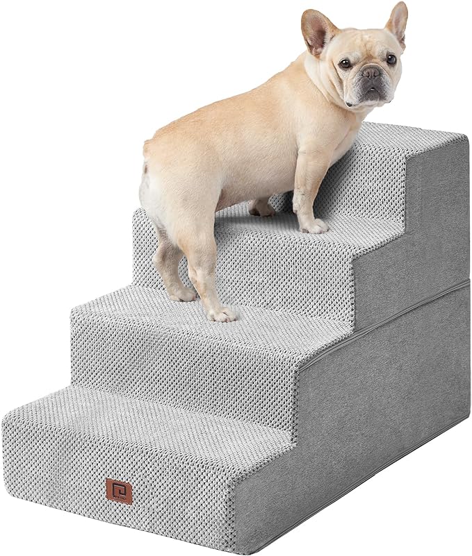 EHEYCIGA Dog Stairs for Bed 20" H, 4-Step Extra Wide Dog Steps for High Bed, Pet Steps for Small Dogs and Cats, Non-Slip Balanced Pet Ramp Indoor, Light Grey-PawvioPets