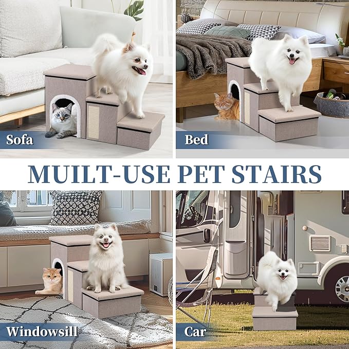 Dog Steps for Bed and Couch, 17”H Foldable Dog Stairs for Small Older Dogs Cats, Adjustable Pet Cat Stairs Ramps with Storage with Condo, Scratcher, Hold Up to 180LBS, Pet Cat Steps Beige-PawvioPets