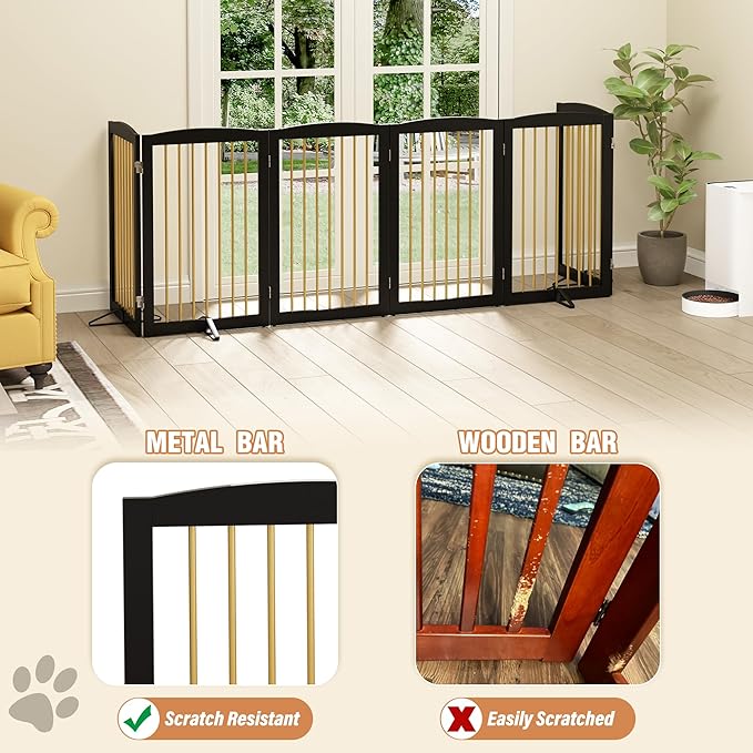 Freestanding Pet Gate for Dogs, Indoor Wooden Dog Gate for House, Extra Wide Dog gate, Foldable Dog Gate for Stair, Doorway, Hall, Support Feet Included, 120 Inch Wide, 6 Panels 32",Black&Gold-PawvioPets