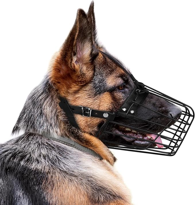 German Shepherd Dog Muzzle Metal Basket for Medium Large Dogs Adjustable Durable Leather Straps Secure Wire Mask for Biting Chewing Barking (Black, M - Size)-PawvioPets