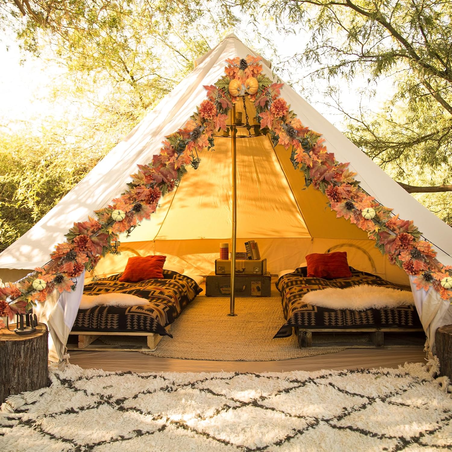 Artificial Fall Maple Leaves Garland Hanging Vine 6Ft Fake Pumpkin Pine Berries Autumn Decoration Garland Decor for Fireplace Home Doorway Party Indoor Outdoor