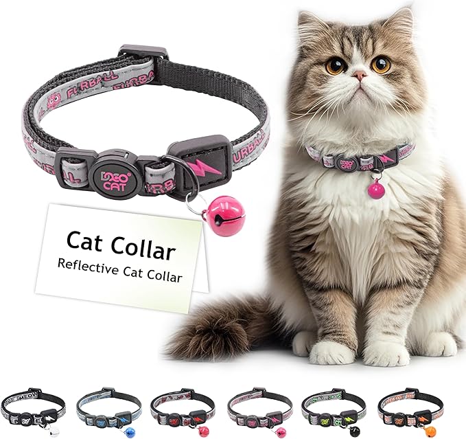 DOCO Cat Collar (Neck Girth - 3/8" x 7.5-12", Weight Upto - 13lb) Reflective Cat Collar with Bell, Breakaway Safety Buckle, Adjustable Nylon Strap for Kittens & Adult Cats (Pink)-PawvioPets