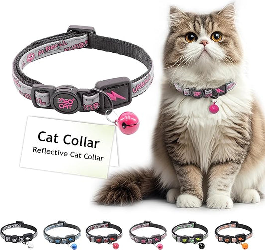 DOCO Cat Collar (Neck Girth - 3/8" x 7.5-12", Weight Upto - 13lb) Reflective Cat Collar with Bell, Breakaway Safety Buckle, Adjustable Nylon Strap for Kittens & Adult Cats (Pink)-PawvioPets