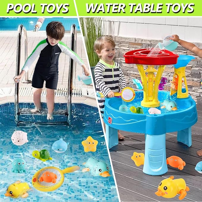 Bath Toys for Babies 6-12+ Months, Wind-up Ducks Bath Toys for Kids Ages 1-3, No Hole Baby Bath Toy Ocean Animal Floating Pool Toys for Toddlers, Water Toys Fishing Net Watering Can-PawvioPets