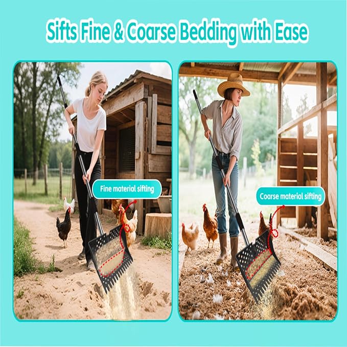 12-Inch 2-in-1 Chicken Poop Scooper & Rake – US Patent Pending – 3-Shape Sifting Holes Chicken Coop Rake，Stainless Steel Handle （20–61"）– Litter Scoop Sand & Sifting Shovel for Chicken Coops (Black)-PawvioPets