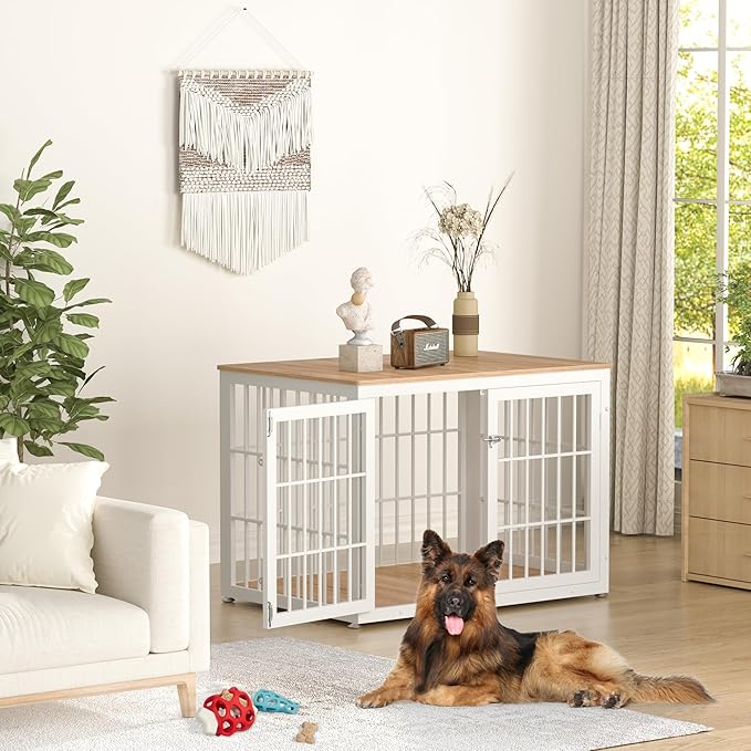 42 Inch Heavy Duty Dog Crate Furniture for Large and Medium Dogs, Decorative Pet House End Table, Wooden Cage Kennel Furniture Indoor, Natural and White-PawvioPets