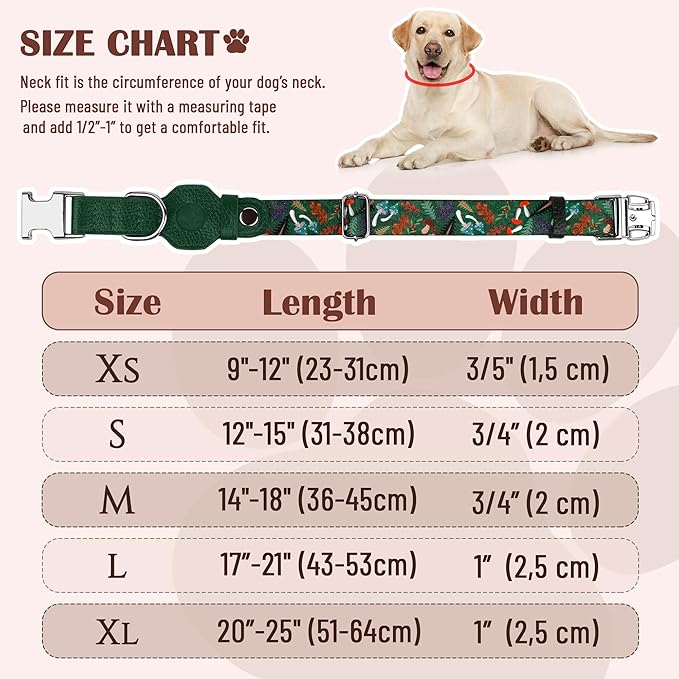 AirTag Dog Collar for Small Medium Large Breed - Adjustable Cute Pattern Dog Collar with Airtag Holder - Soft Leather Tracker GPS Apple Air Tag Pet Collars (Large, 17"-21" Neck Fit, Mushroom)-PawvioPets