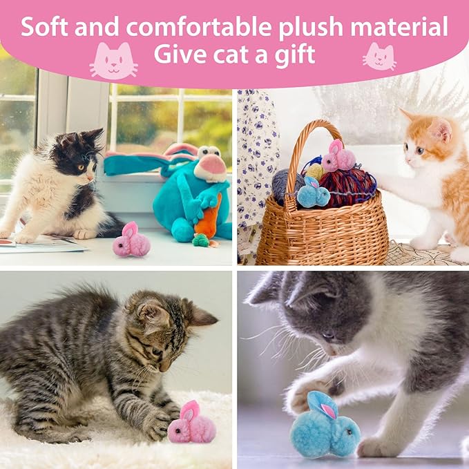 10Pcs Plush Toy Balls, Cute Bunny Shape Kitten Pompom Soft 5.5cm/2.16in Puff Ball Indoor Fun Colorful Cat Ball Toy Pom Pom Balls for Pet-PawvioPets