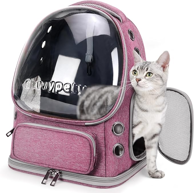 Cat Backpack Carrier, Breathable Cat Carrier Large Space Bubble Pet Backpack for Kitty Small Dog up to 15lbs, Transparent & Foldable Pet Carrier for Travel Hiking（Pink）-PawvioPets