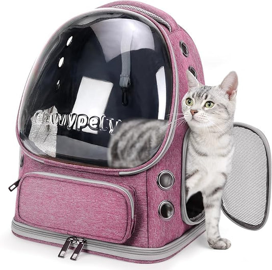 Cat Backpack Carrier, Breathable Cat Carrier Large Space Bubble Pet Backpack for Kitty Small Dog up to 15lbs, Transparent & Foldable Pet Carrier for Travel Hiking（Pink）-PawvioPets