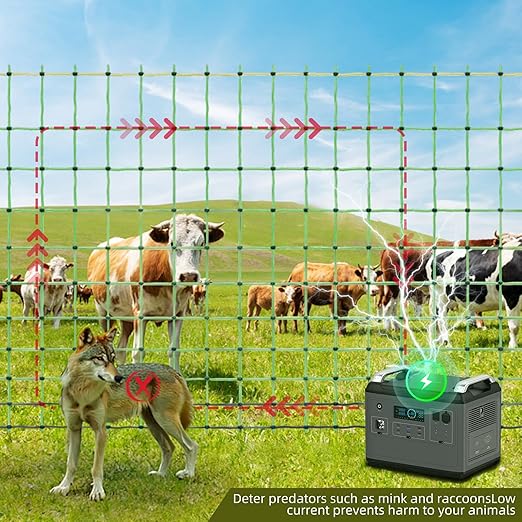Electric Fence Netting,164'Lx49.6"H, Electric Livestock Netting with 14 Double Barbed Poles, Suitable for Pigs, Cows, Sheep and Other Large Animals, Portable Electric Fence for Farms, Ranches-PawvioPets