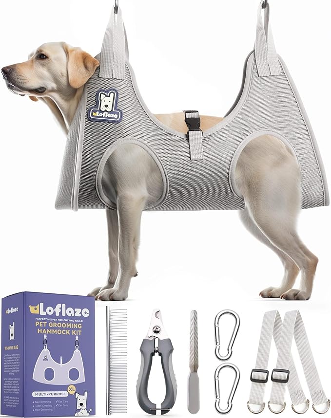Dog Grooming Hammock Harness for Dogs & Cats with Pet Nail Clipper Trimmer - Cat Hanger Sling for Trimming Clipping Nails- Dog Hammock Restraint Bag for Small Medium Large pet （ Grey XL ）-PawvioPets