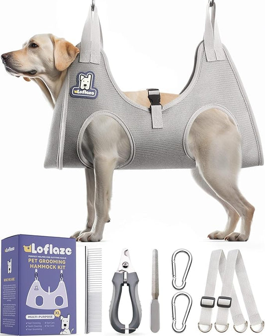 Dog Grooming Hammock Harness for Dogs & Cats with Pet Nail Clipper Trimmer - Cat Hanger Sling for Trimming Clipping Nails- Dog Hammock Restraint Bag for Small Medium Large pet （ Grey XL ）-PawvioPets