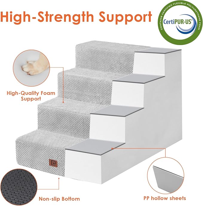 EHEYCIGA Dog Stairs for Bed 20" H, 4-Step Extra Wide Dog Steps for High Bed, Pet Steps for Small Dogs and Cats, Non-Slip Balanced Pet Ramp Indoor, Light Grey-PawvioPets
