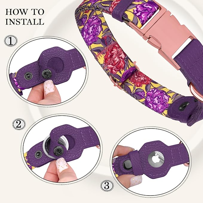 AirTag Dog Collar for Small Medium Large Breed - Adjustable Cute Pattern Dog Collar with Airtag Holder - Soft Leather Tracker GPS Apple Air Tag Pet Collars (X-Large, 20"-25" Neck Fit, Peonies)-PawvioPets