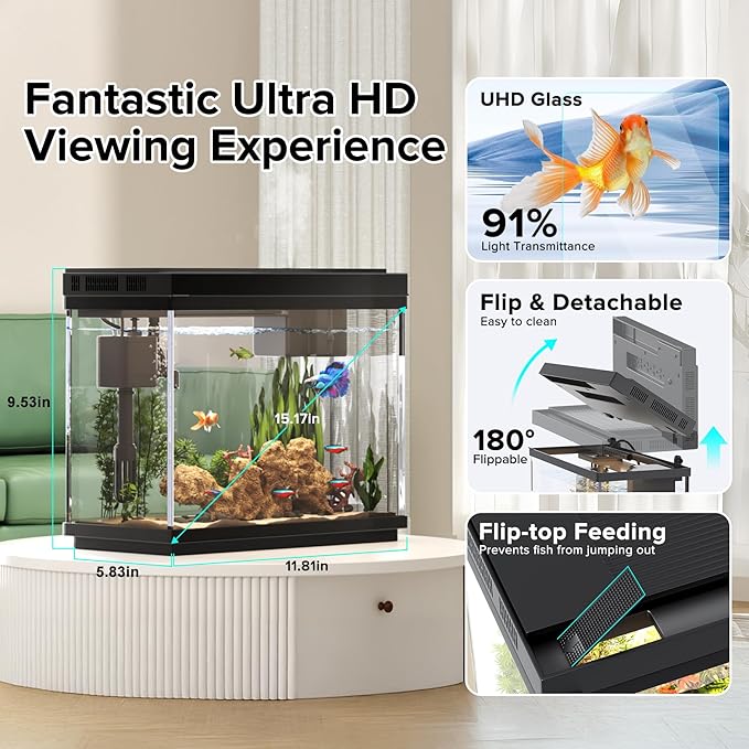 Fish Tank, 2.4 Gallon Fish Aquarium, Fish Tank Starter kit with Smart Humidifier, Temperature Display, 7-Color Lighting, 3 in 1 Quiet Pump with Filteration & Oxygenation & Circulation-PawvioPets