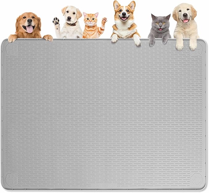 Dog Food Mat, Extra Large 50" x 35" Silicone Pet Feeding Mat with Raised Edge Pet Placemat for Small, Medium, and Large Pets Non-Slip, Easy to Clean (Grey)-PawvioPets