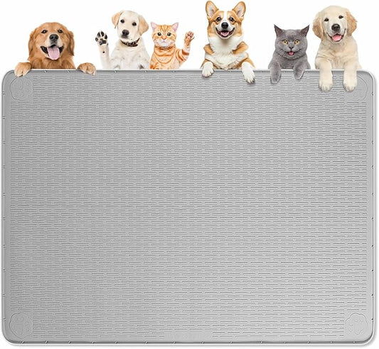 Dog Food Mat, Extra Large 50" x 35" Silicone Pet Feeding Mat with Raised Edge Pet Placemat for Small, Medium, and Large Pets Non-Slip, Easy to Clean (Grey)-PawvioPets