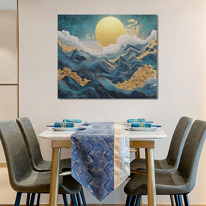 Framed Large Sun Mountain Wall Art, Oversized Teal and Golden Sun Wall Decor for Living Room, Abstract Landscape Canvas Painting Modern Artwork Home Decoration for Living Room Bedroom 60"x30"-PawvioPets