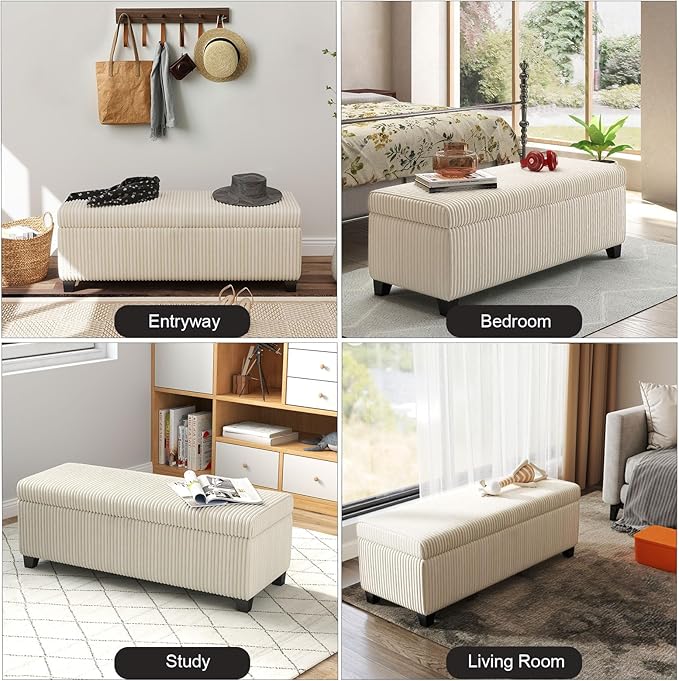 48" Ottoman with Storage, Corduroy Storage Ottoman Bench for Bedroom, End of Bed Bench with Safety Hinge for Living Room, Bedroom, Entryway, White-PawvioPets