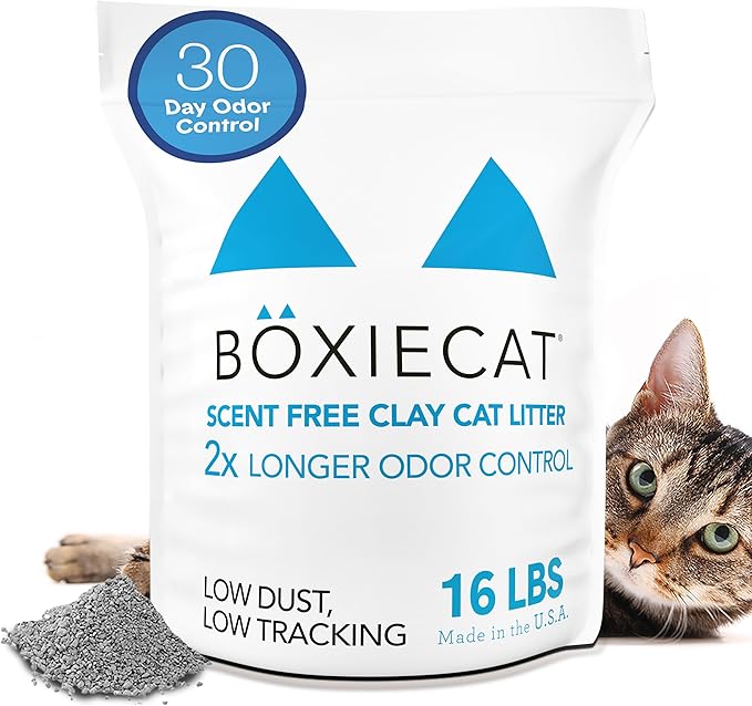 Boxie® Unscented 30 Day Odour Control Clumping Clay Cat & Kitty Litter 16 lb, 99.9% Dust-Free, Hard Flat Top® Clumps, No Fragrances No Fillers, Long-Lasting, Easy to Scoop-PawvioPets