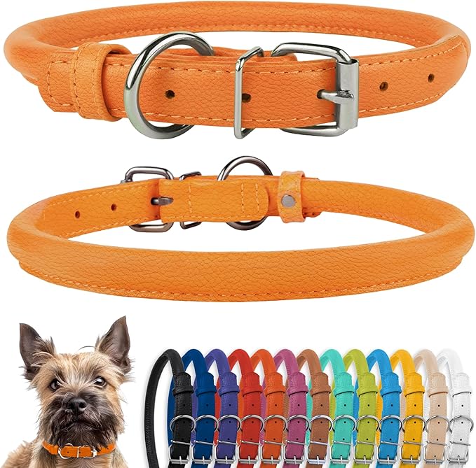 CollarDirect Rolled Leather Dog Collar, Soft Padded Round Puppy Collar, Handmade Genuine Leather Collar Dog Small Large Cat Collars 13 Colors (8-11 Inch, Orange Textured)-PawvioPets