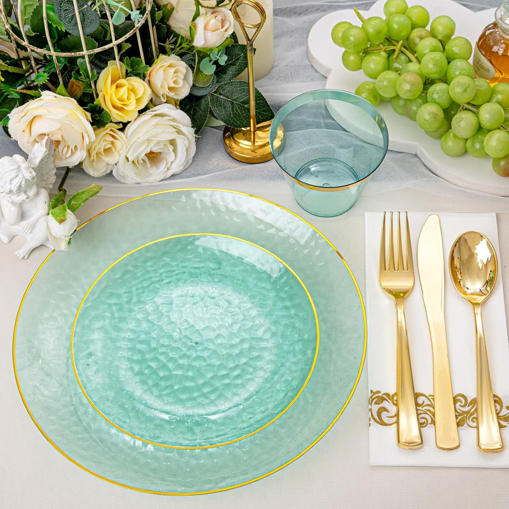 Rubtlamp 175 Pcs Green Plastic Plates Dinnerware Set (25 Guests), Hammered Plates Sets, Green Plastic Party Plates Set include 50 Disposable Plates Set, 75 Gold Plastic Silverware, 25 Cups 25 Napkins