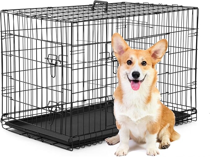 BestPet | Dog Crate | 30" | Black | Foldable Metal Kennel with Double Doors, Secure Slide-Bolt Latches, Leakproof Tray | Portable Dog Cage for Small Breeds | for Travel, Indoor & Outdoor Use-PawvioPets