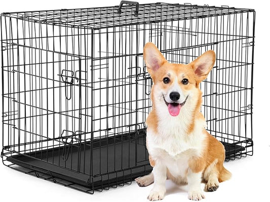 BestPet | Dog Crate | 30" | Black | Foldable Metal Kennel with Double Doors, Secure Slide-Bolt Latches, Leakproof Tray | Portable Dog Cage for Small Breeds | for Travel, Indoor & Outdoor Use-PawvioPets