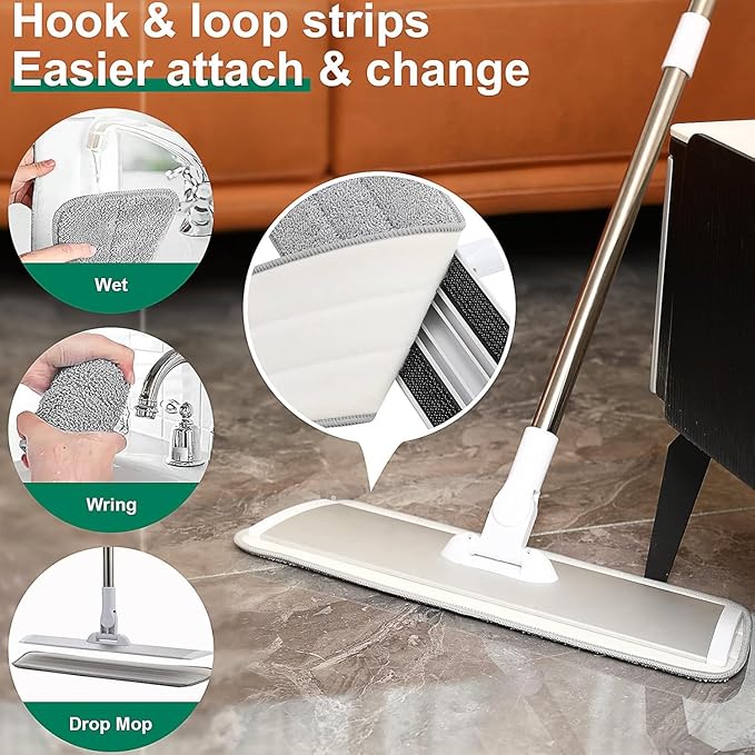 18" Professional Microfiber Mop Floor Cleaning System, Flat Mops with Stainless Steel Handle, 4 Reusable Washable Mop Pads, Wet and Dust Mopping for Hardwood, Vinyl, Laminate, Tile Cleaning (White)-PawvioPets