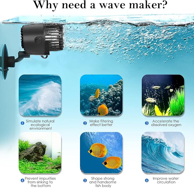 AQQA Aquarium Wave Maker,3W/5W/10W/15W Suction Cup Fish Tank Single Powerhead Pump，110V/60Hz Ultra Quiet Submersible Circulation Pump,360°Adjustable For Freshwater Saltwater Black-PawvioPets