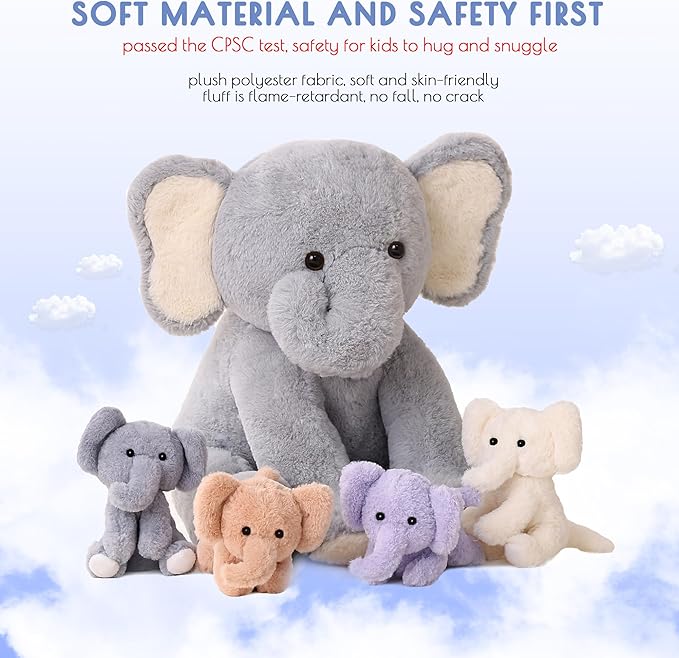 5 Pieces Elephant Stuffed Animals for Girls, 1 Mommy Elephant with 4 Babies Soft Plush Set Toys Gifts for Kids Children 3 4 5 6 7 8 9 Years, Christmas, Birthday, Children's Day-PawvioPets