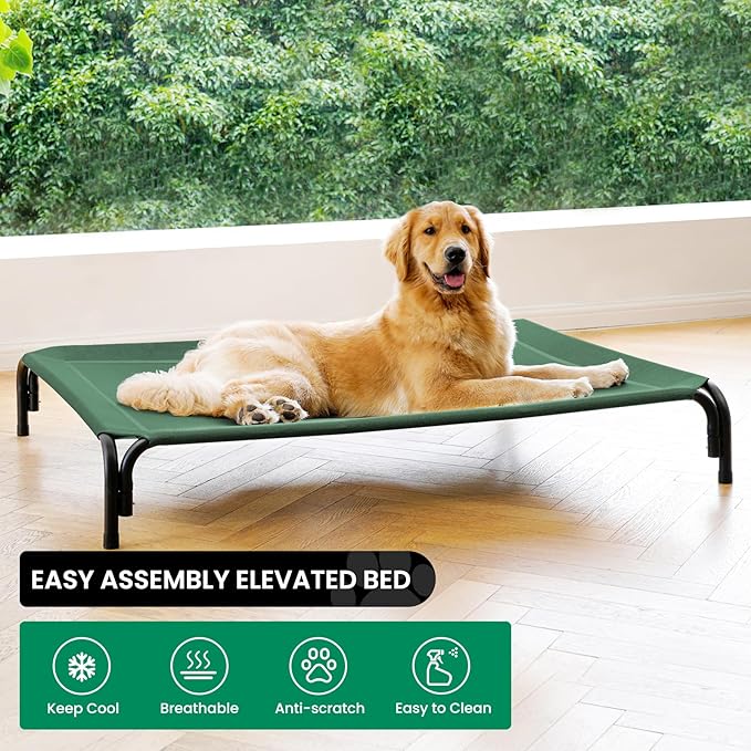 Elevated Dog Bed Raised Outdoor Dog Cot for Extra Large Dogs, Installation Requires No Tools, Frame with Washable Cooling Breathable Mesh Anti-Slip Feet, Indoor Pet Bed, Green, 48.8 Inches-PawvioPets