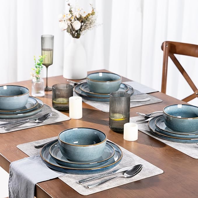 GBHOME Ceramic Dinnerware Sets for 6, 18 Pieces Stoneware Plates and Bowls Sets, Scratch Resistant Dishes, Dishwasher & Microwave Safe, Space Blue-PawvioPets