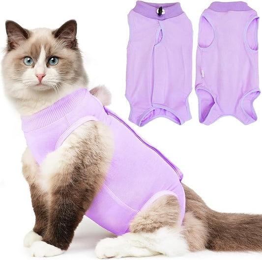 Cat Recovery Suit for Spay Abdominal Wound, Breathable Kitten Onesie for Cats After Surgery, Anti Licking Cat Cone Alternative, Pet Surgery Recovery Shirt-Purple(L)-PawvioPets