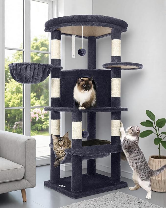 Globlazer Corner Cat Tree Tower for Indoor Cats, 51in Multi-Level Cat Condo Tower with Large Hammock, 7 Sisal Scratching Posts, Oversized Top Perch, Spacious Cat Cave, Hanging Basket, C51, Dark Grey-PawvioPets