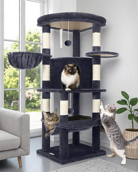 Globlazer Corner Cat Tree Tower for Indoor Cats, 51in Multi-Level Cat Condo Tower with Large Hammock, 7 Sisal Scratching Posts, Oversized Top Perch, Spacious Cat Cave, Hanging Basket, C51, Dark Grey-PawvioPets