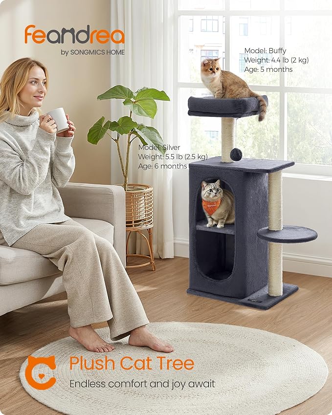 Feandrea Cat Tree Tower with 2 Caves for Multi-Cat Households, Kittens, Scratching Posts, Dark Gray UPCT005G02-PawvioPets