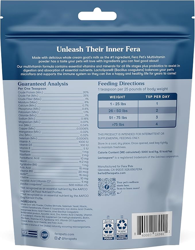 Fera Pets Goat Milk Topper - Multivitamin for Dogs & Cats with Probiotics - Supports Overall Health, Gut Health, and Immune System - for Picky Eaters - 60 TSP-PawvioPets