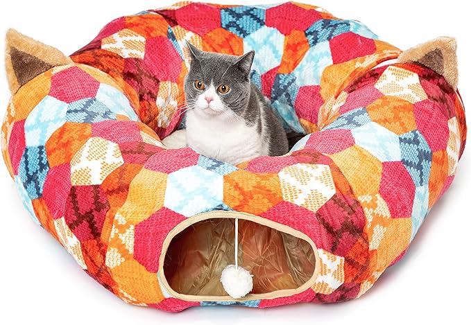 AUOON Cute Cat Donut Tunnel - Interactive Cat Tunnel Bed for Indoor Cats Kitten Kitty Puppy Rabbit Ferret (Orange)-PawvioPets