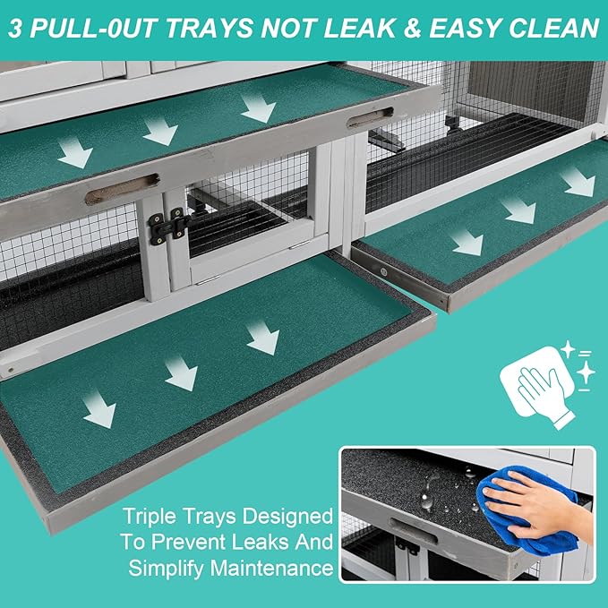2-Tier Rabbit Hutch with Wheels, Indoor & Outdoor Small Animal Cage with Deep Pull-Out Tray, Anti-Chew Frame, Habitat for Bunny, Guinea Pig, Chinchilla (60" L x 19" W x 35" H)-PawvioPets